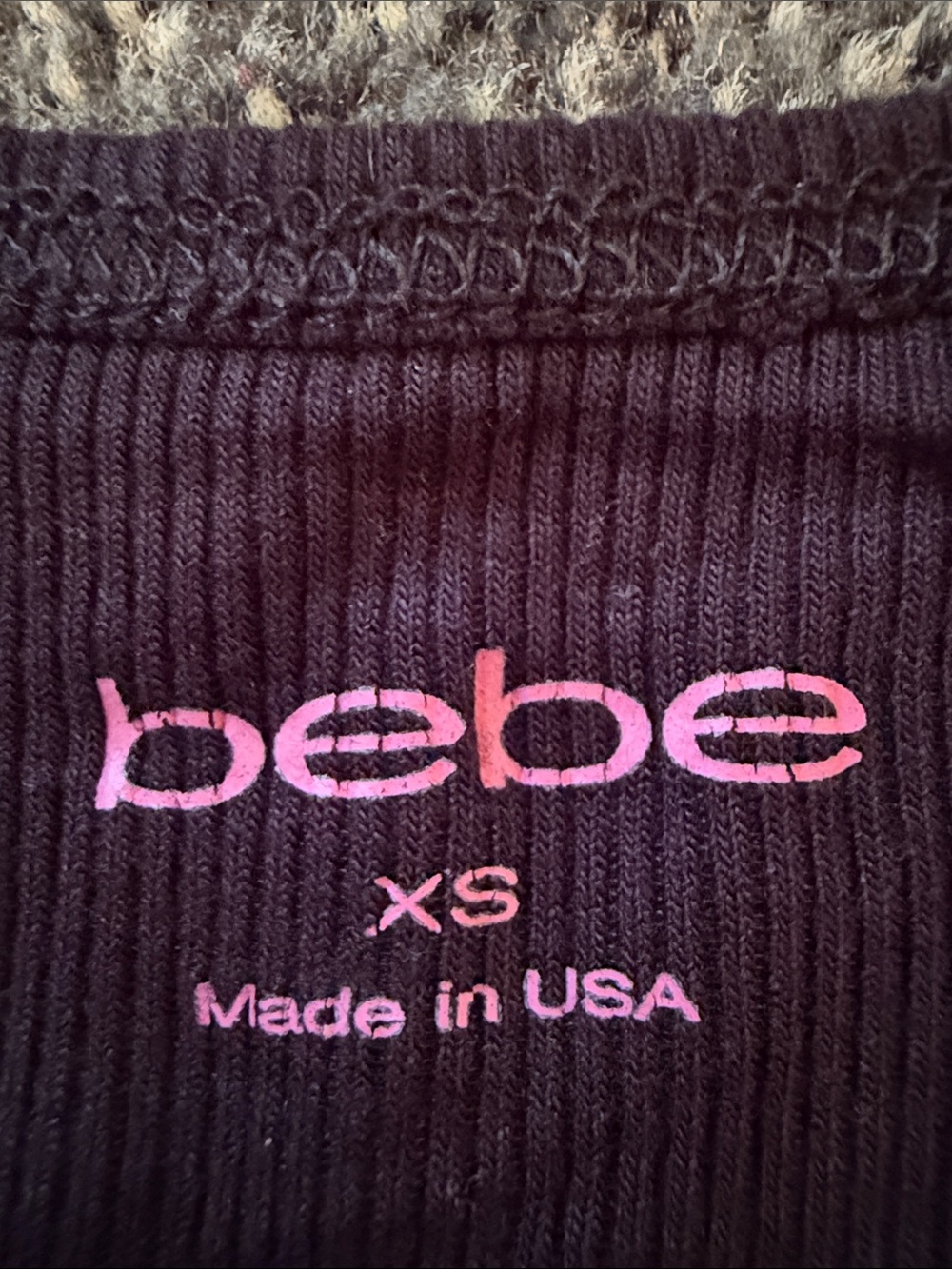bebe Black Ribbed stretch Top with rhinestone Logo - Picture 3 of 8
